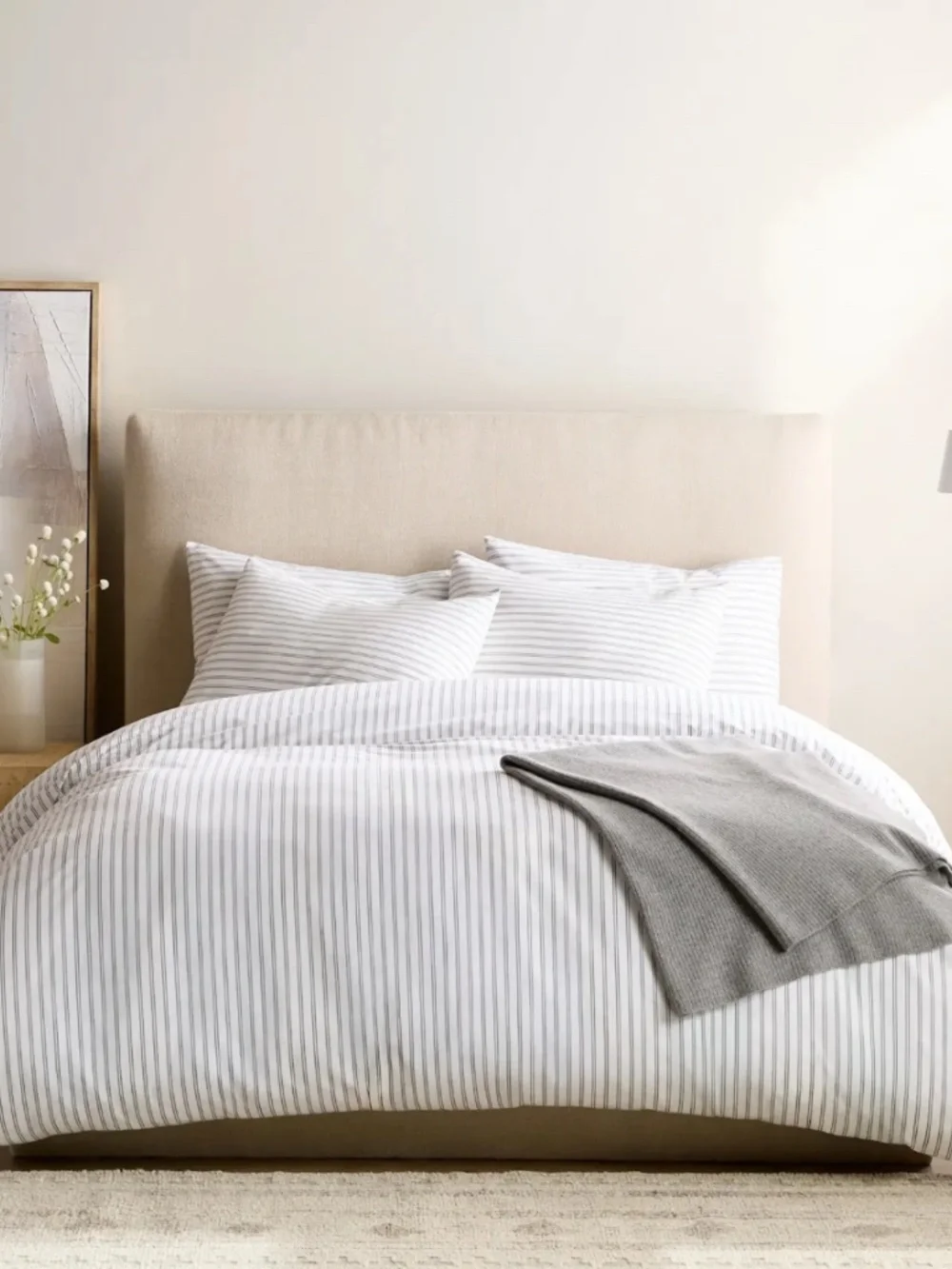 New Organic Crisp Percale Double Stripe Duvet Cover Set King Mineral Gray Blue